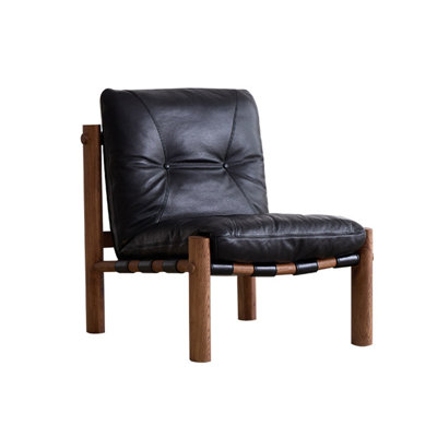 Fauteuil de loisir de 27,56 po de style minimaliste de luxe avec coussin supérieur en cuir noir, structure en bois de frêne et dossier simple pour le salon et le balcon