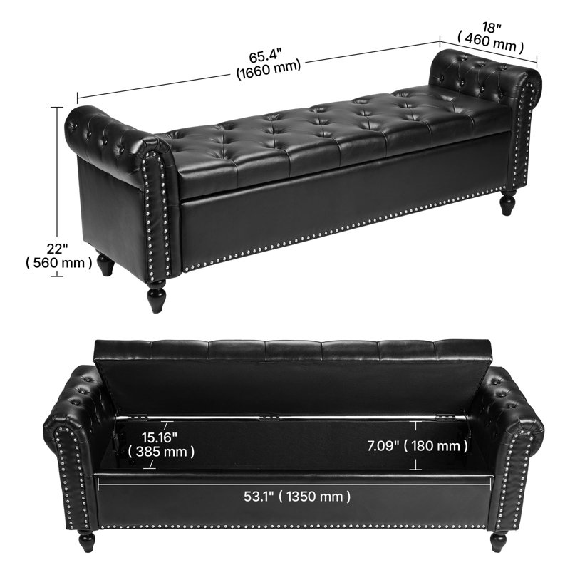Banc avec repose-pieds capitonné et capitonné à boutons, Noir