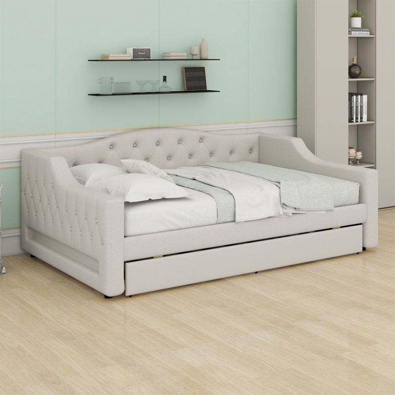 Lit de jour rembourré avec ceinture DEL et lit gigogne, Beige