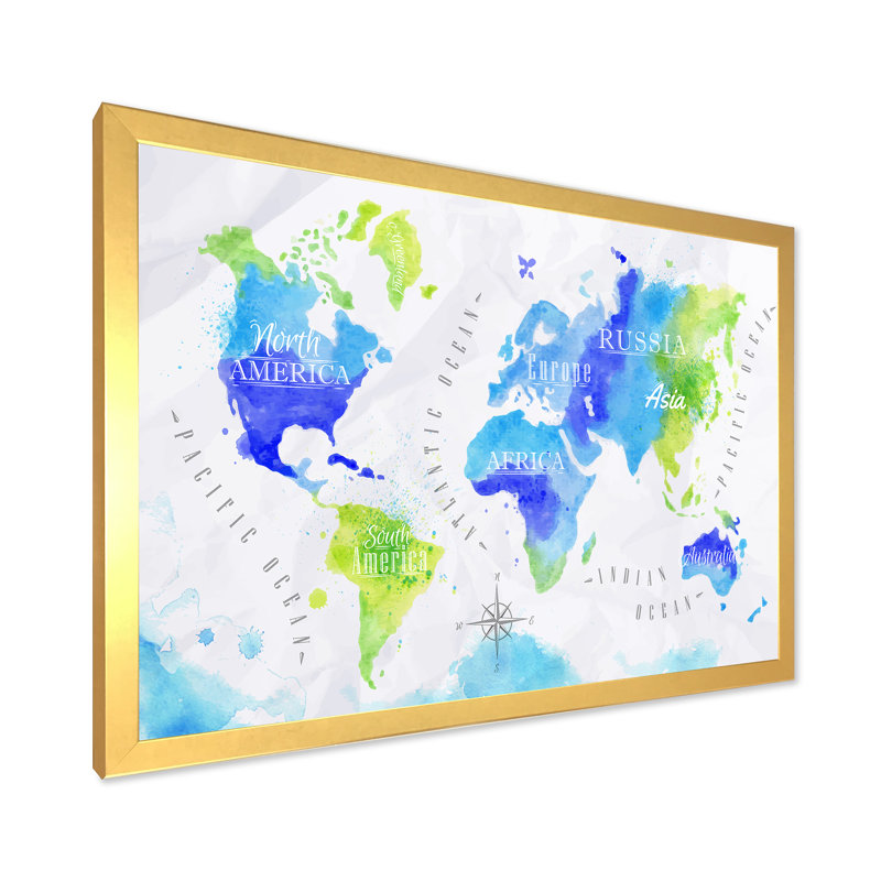 Carte du monde en vert et bleu - Impression sur toile, H 16 po x l 32 po x p 1 po, Cadre doré
