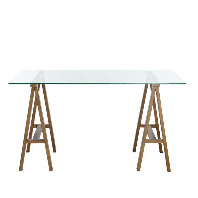 Kapri Tigerlily Glass Desk, 30" H x 55" W x 30" D, Brushed Brass
