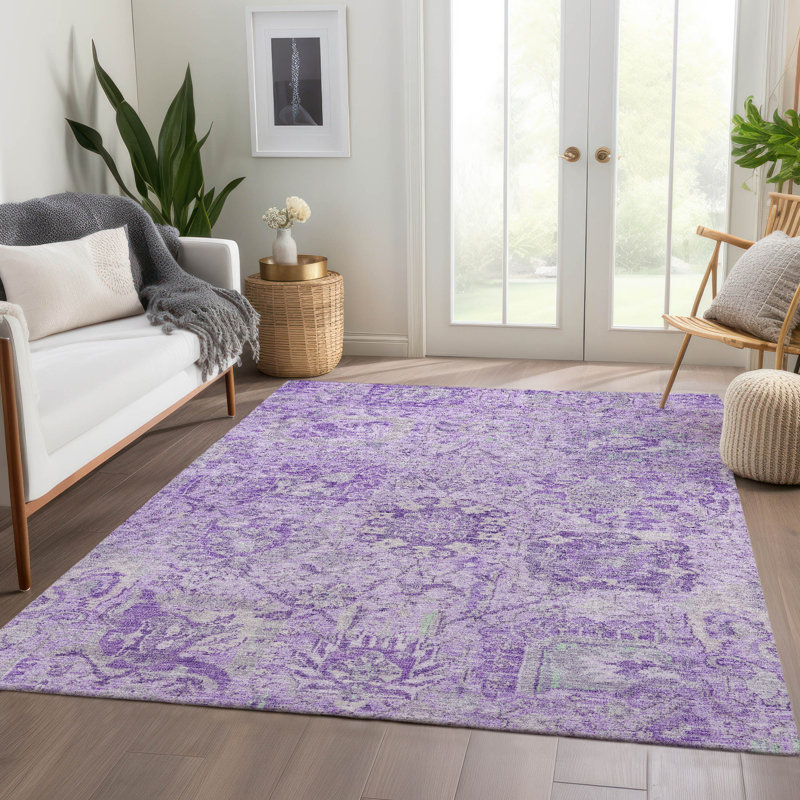 Lavender Damask Ultra-Thin Machine Washable Indoor/Outdoor Rug