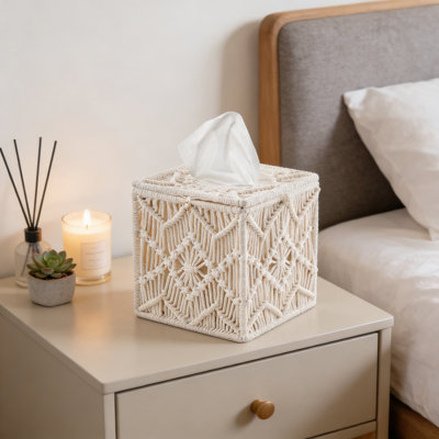 Couvercle de boîte à mouchoirs carré en macramé avec boucle à perles - Organisateur de décoration bohème tissé à la main pour meuble-lavabo et comptoir