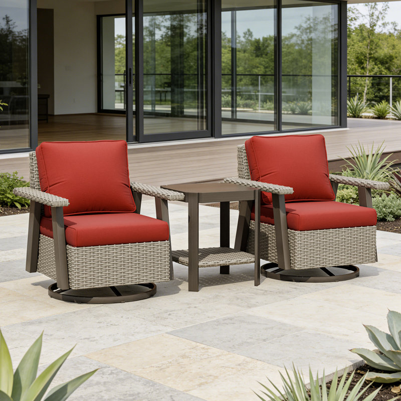 Ensemble de conversation d'extérieur 3 pièces avec chaises berçantes pivotantes en osier et table d'appoint, Red