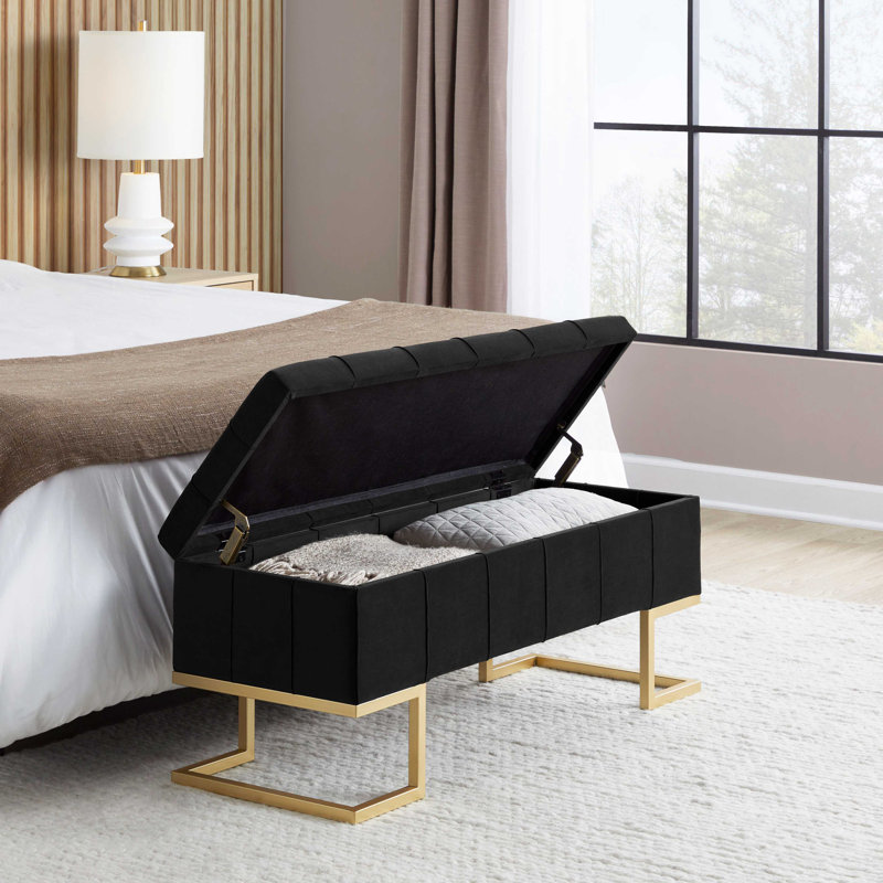 Banc de rangement en métal et velours, Noir