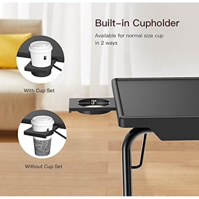 Adjustable Black Folding TV Tray Table Set with Cup Holder, 2 Pack