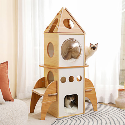 Modern Cat Tree Rocket Shape,54" Wood Cat Tower Multilevel For Indoor Cats, Cat Furniture With 3 Condos, Dangling Balls, Attic Perch