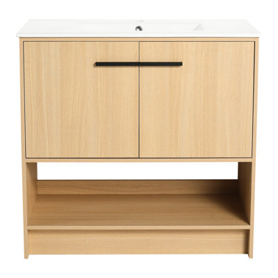 Meuble-lavabo autoportant de 36 po avec lavabo en céramique, contreplaqué, 2 portes, lavabo à cadre de lavabo, matériau en contreplaqué, autoportant, facile à nettoyer et à assembler