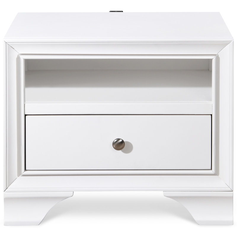 ClickDecor Edmond Wood 1-Drawer Nightstand with USB Charging Station, White