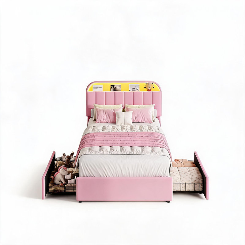 Structure de lit simple tapissier en velours avec tête de lit réglable, 2 tiroirs sous le lit, lumières à DEL RVB, support de lattes, aucun sommier requis, rose