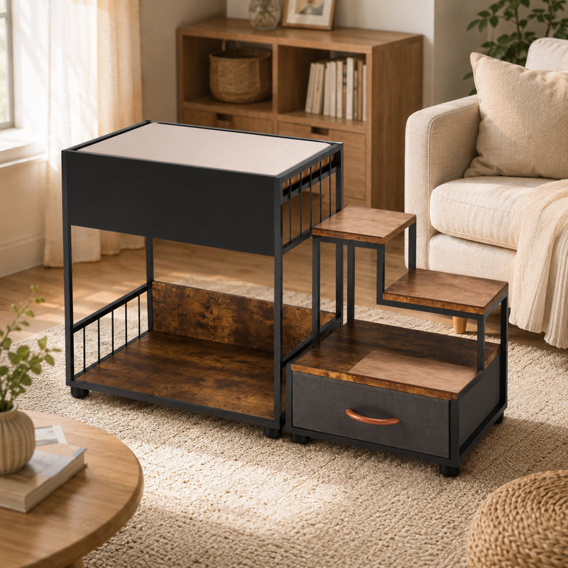 27.6-Inch Elevated Pet Bed with Easy-Access Steps, Storage Drawer, Removable Cushion, Open Lower Hideaway for Small Pets