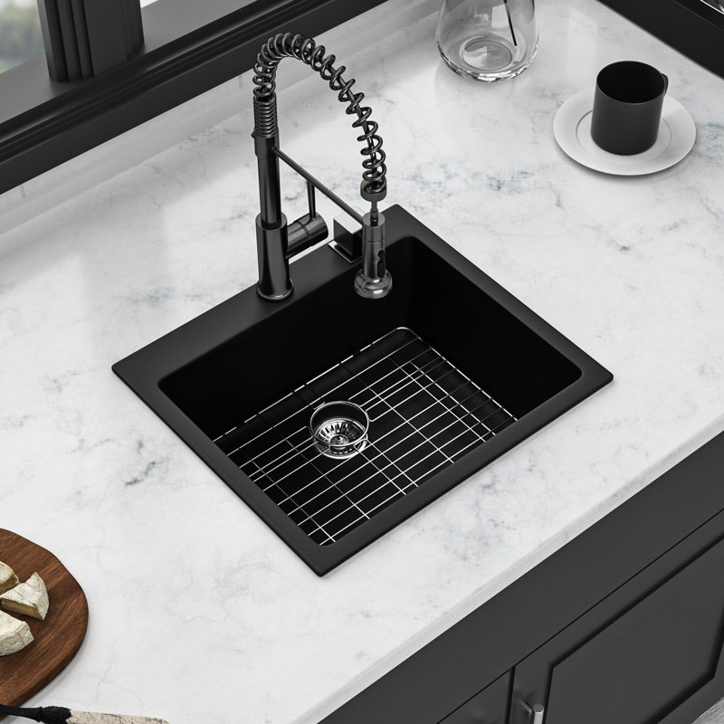 25"X22" Black Quartz Kitchen Sink, Strong And With Standard Drain Opening For Convenience 25X22" Material Accessories Included