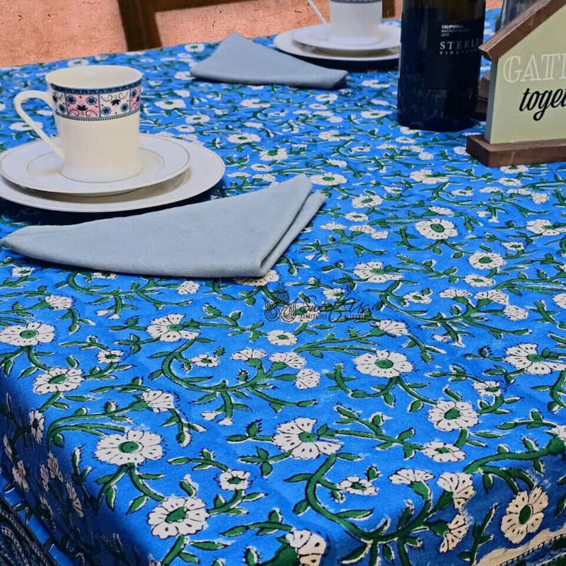 Floral Cotton Block Print Tablecloth Rectangle