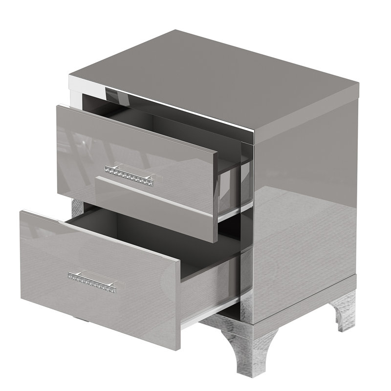 Table de chevet à miroir haute brillance avec 2 tiroirs, Gris