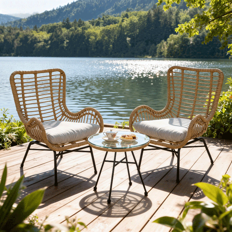 Rattan Patio Set With UV-Resistant Cushions & Glass Top Table 250Lb Capacity Outdoor Conversation Set​​, Beige