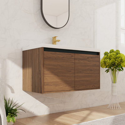 Meuble-lavabo flottant simple 36 po avec lavabo en résine, meuble-lavabo mural 2 portes