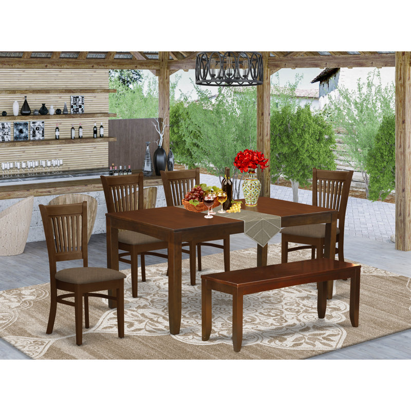 L'ensemble de table de cuisine 6 pièces contient une table de salle à manger rectangulaire avec feuille papillon et 4 chaises de salle à manger en tissu de lin avec banc, espresso