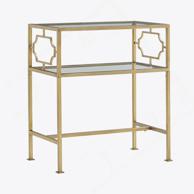 Rectangular Antique Gold Metal And Glass Accent Table With Two-Tier Tempered Glass Shelves For Elegant And Functional Decor