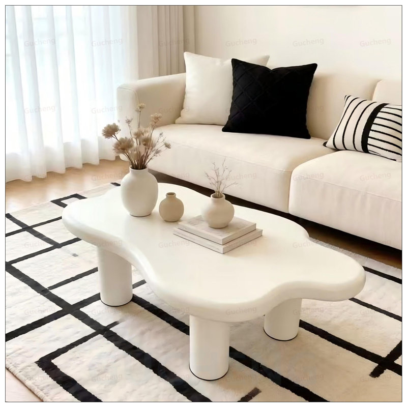 Table basse en forme de nuage avec 4 pieds ronds, spacieuse et élégante pour les salons modernes, Blanc