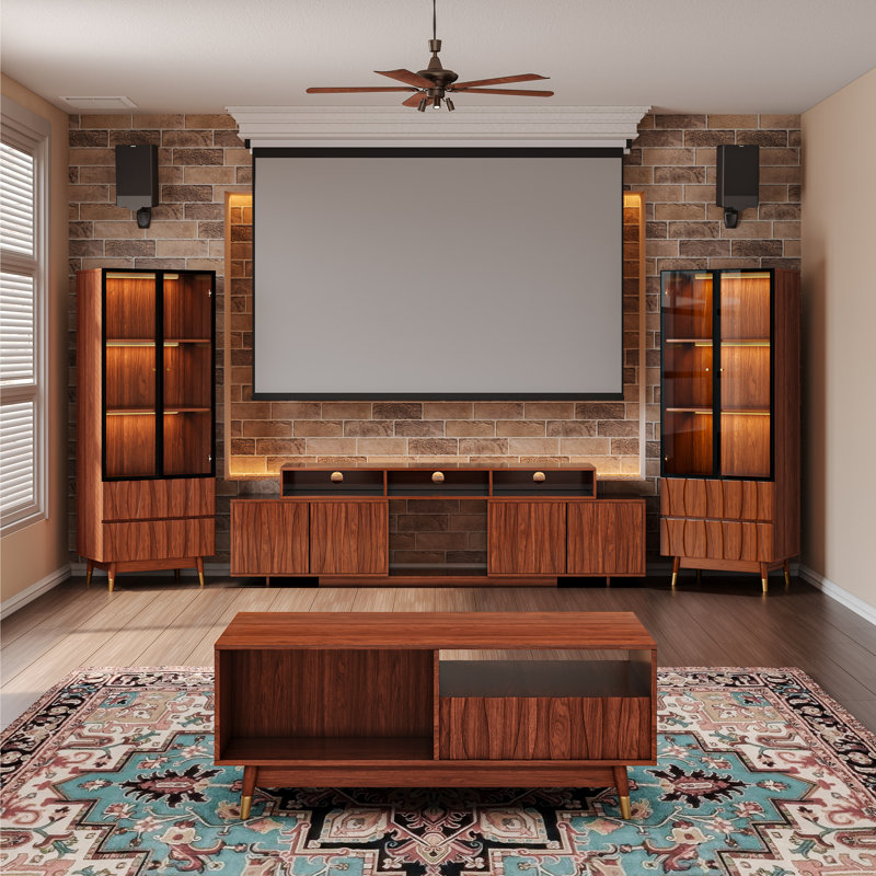 Brown Entertainment Center Living Room Four-piece Set With Relief Panel For 65/70/75/85/100 Inch TV, Mid-century Modern Wood Expandable TV Stand Glass Display Cabinet Coffee Table Set With Drawers And Storages