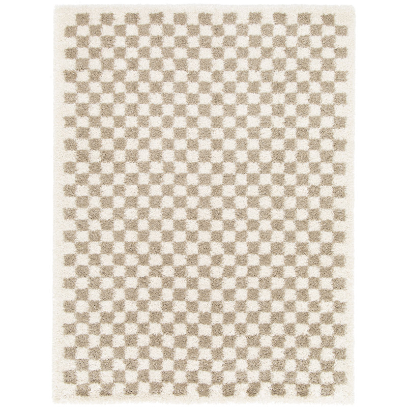 Tapscott Soft High Pile Machine Woven Chequered Beige/White Rug, Rectangle 80 x 150cm