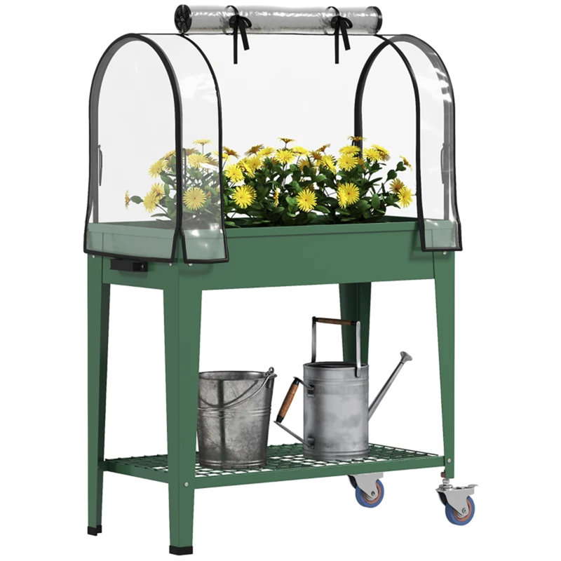 Raised Planter With Greenhouse Cover, Mobile Elevated Garden Bed, Green