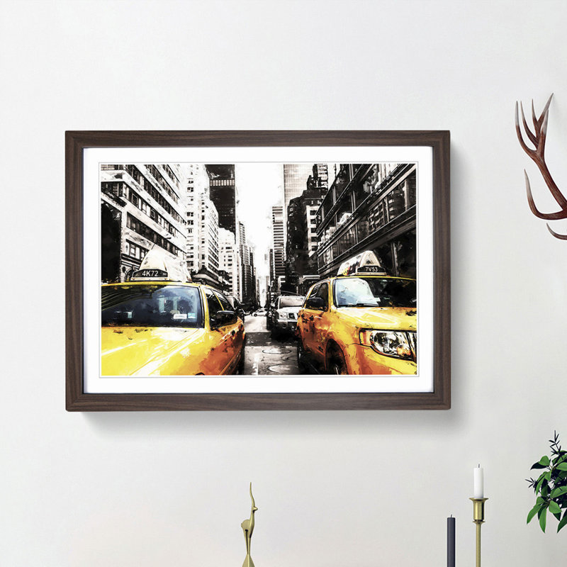 Two Yellow Taxi Cabs in New York in Abstract - Picture Frame Painting Print, 36cm H x 48cm W x 2cm D, Walnut Framed