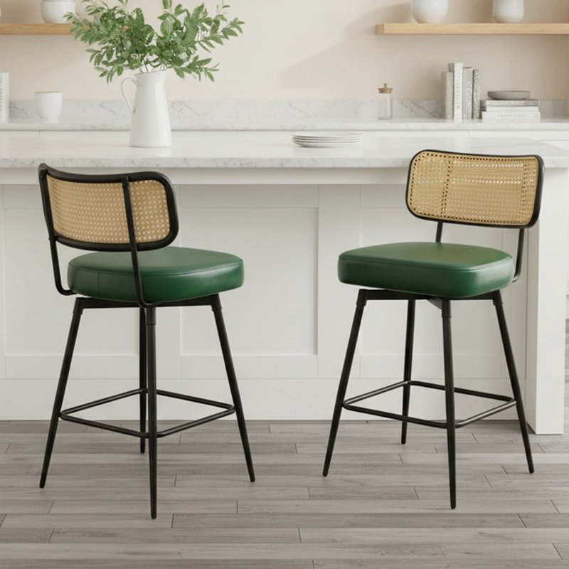 Swivel Upholstered Counter Stools With Rattan Back, Green, 2
