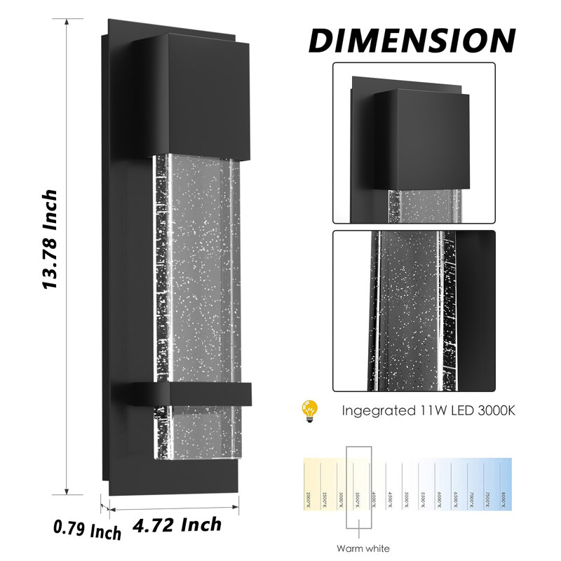 Luminaires muraux d'extérieur avec verre à bulles de cristal, appliques extérieures imperméables, lanternes murales à DEL, lumières de porche, lumières murales extérieures 11W 3000K pour porte d'entrée de garage