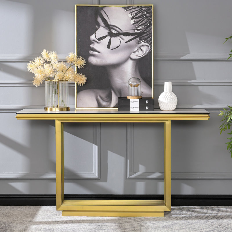 Console dorée, canapé en verre de 55 po avec magnifique base brossée, table d'entrée de luxe pour salon, couloir, entrée, vestibule