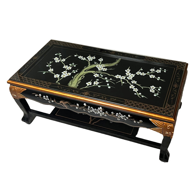 Hand Painted Cherry Blossom Coffee Table With Shelf and Glass Top