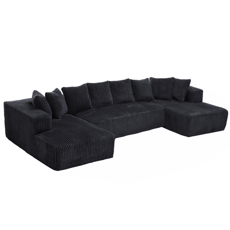 Boneless Modern Modular Oversized U-Shaped Sectional Sofa With 8 Pillows, Black Corduroy