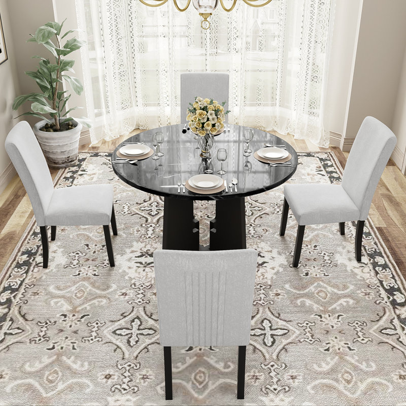 Ensemble de table de salle à manger 5 pièces avec table ronde et 4 chaises, Noir, Beige