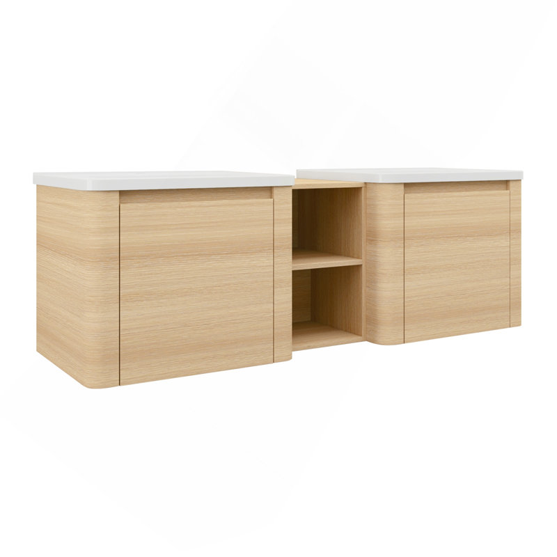 Meuble-lavabo mural 60 po avec lavabo en céramique blanche et tablettes de rangement et 2 portes à fermeture en douceur, contreplaqué, chêne blanc