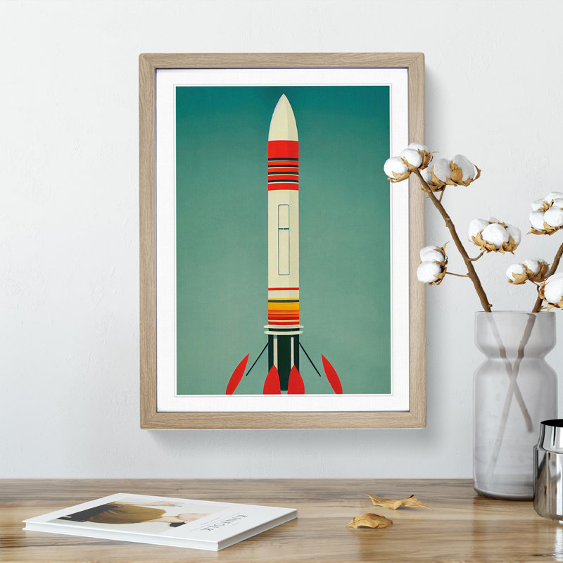 Retro Spaceship Rocket No.1 - Framed Print, 46cm H x 34cm W x 2cm D, Oak Framed