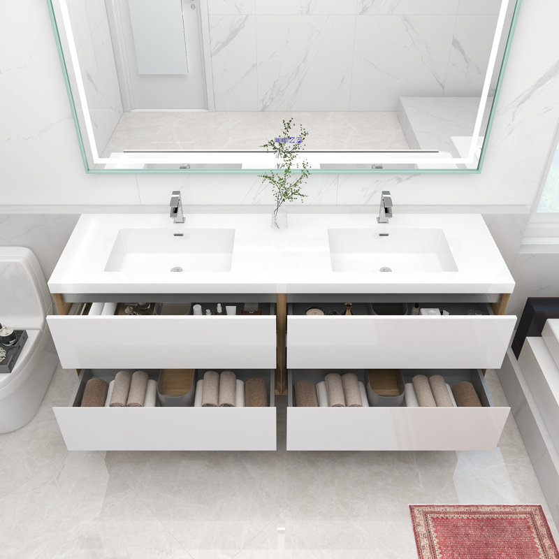 Freidin 70.8'' Double Bathroom Vanity with Acrylic Top, Glossy White