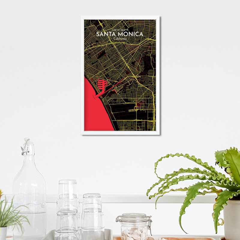 Santa Monica, carte de la ville, impression, H 17 po x l 11 po, Noir / rouge / jaune