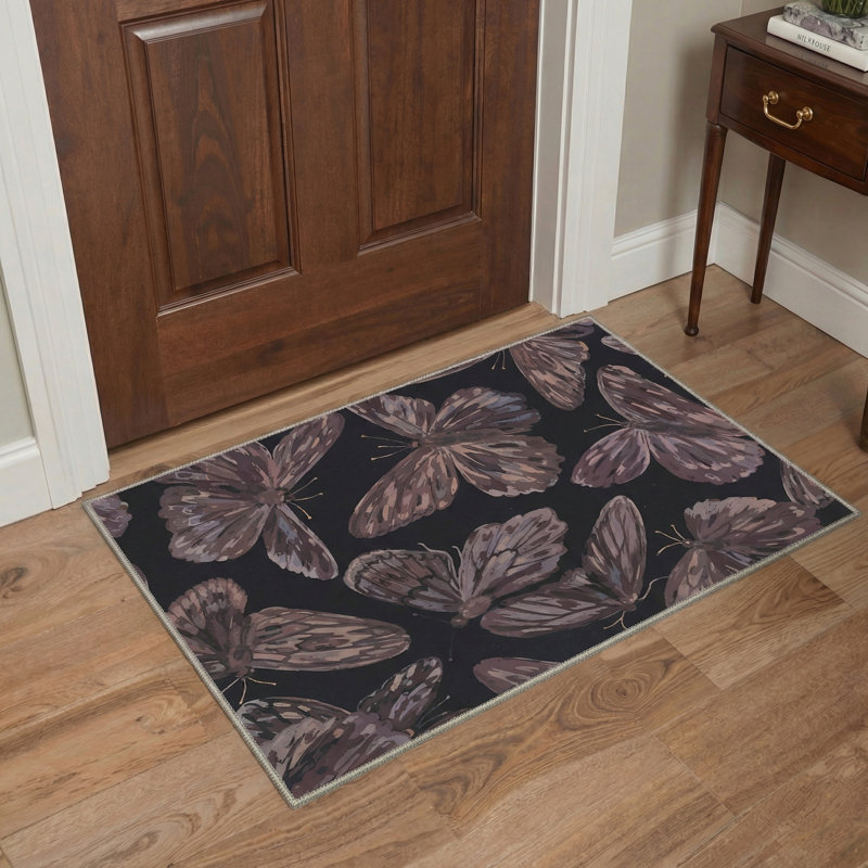 Aura Boho Butterflies Animal Print Machine Washable Purple / Black Indoor Area Rug with Non-Slip Backing, Rectangle 5' x 7'