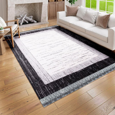 Tapis Bigghome, lavable à la machine, motifs turcs traditionnels réversibles 3 x 5 - gris et noir