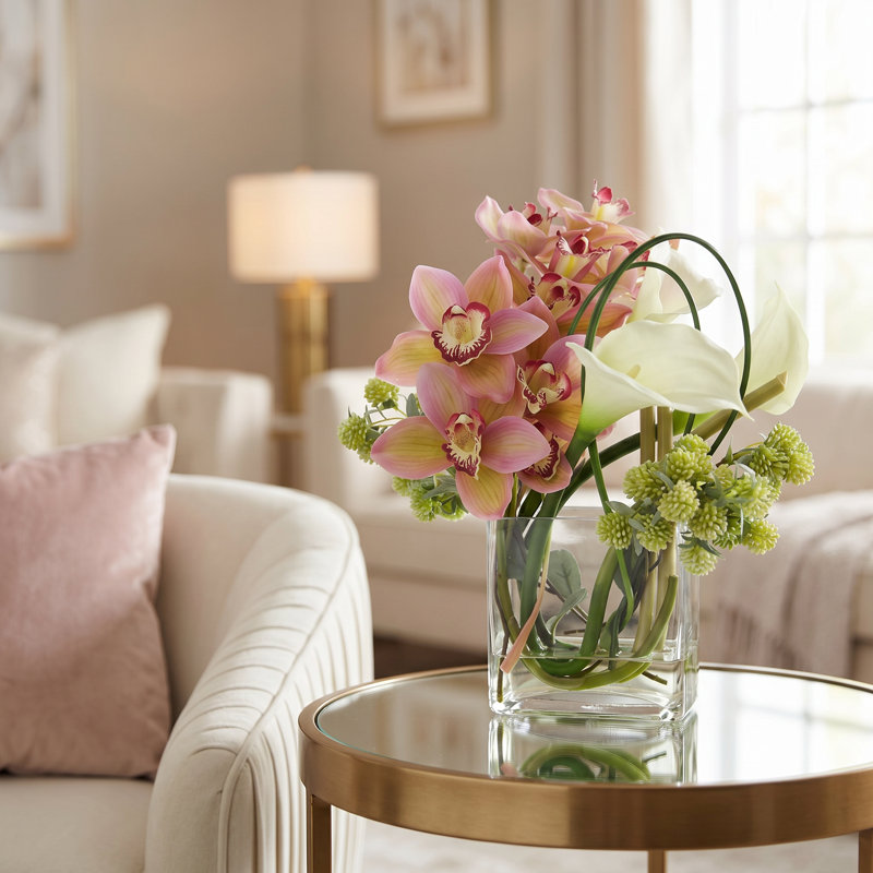 Orchid and Calla Lilies in Glass Vase