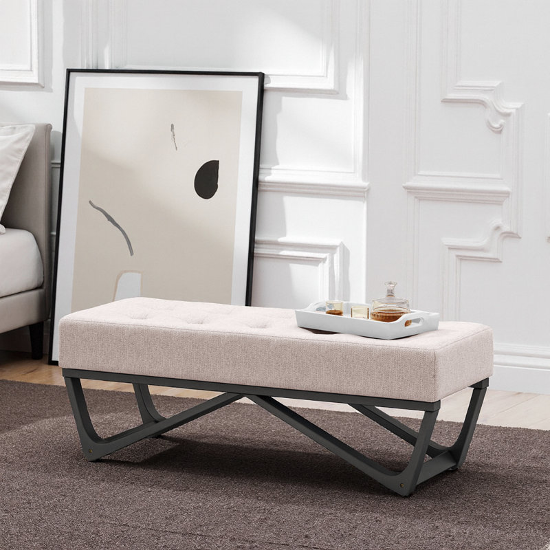 Navy Blue Upholstered Ottoman Bench - Modern Tufted Footrest with Geometric Legs, Beige