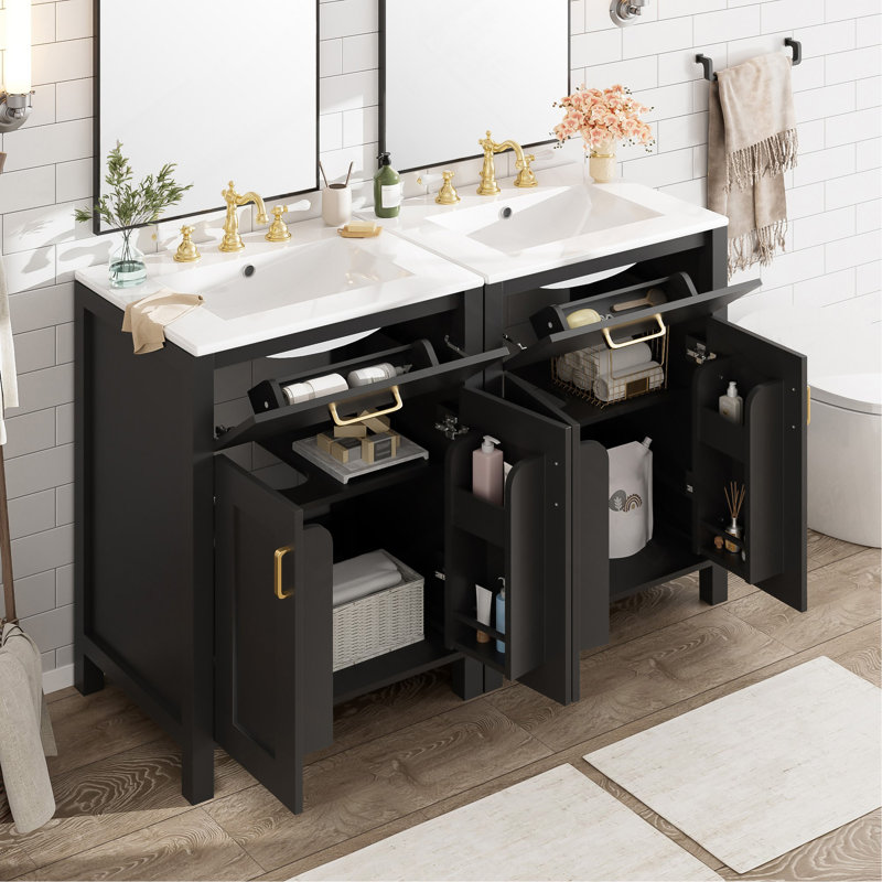 Meuble-lavabo moderne de 48 pouces avec lavabo en céramique, portes à fermeture en douceur, tiroir rabattable, tablettes de porte à double couche, solution de rangement élégante