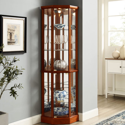 Adjustable Glass Shelves Curio Cabinet With Mirrored Back, Oak Look 6 Shelf Cabinet, Oak, Tempered & Mirror Back
