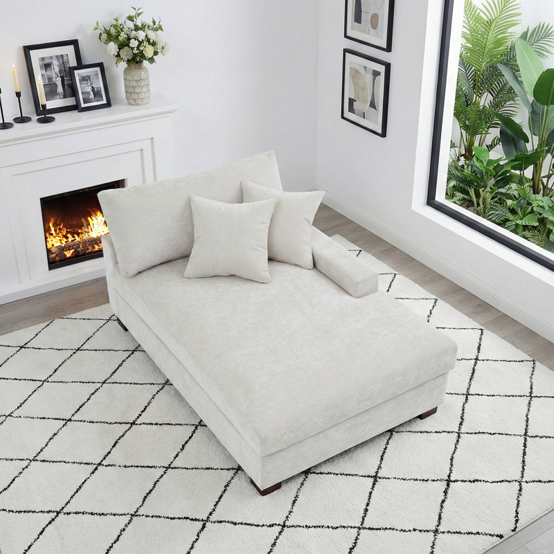 Milbrey Oversized Upholstered Chaise Lounge with Armrests & Throw Pillows, Off White, Right Hand Facing, Chenille