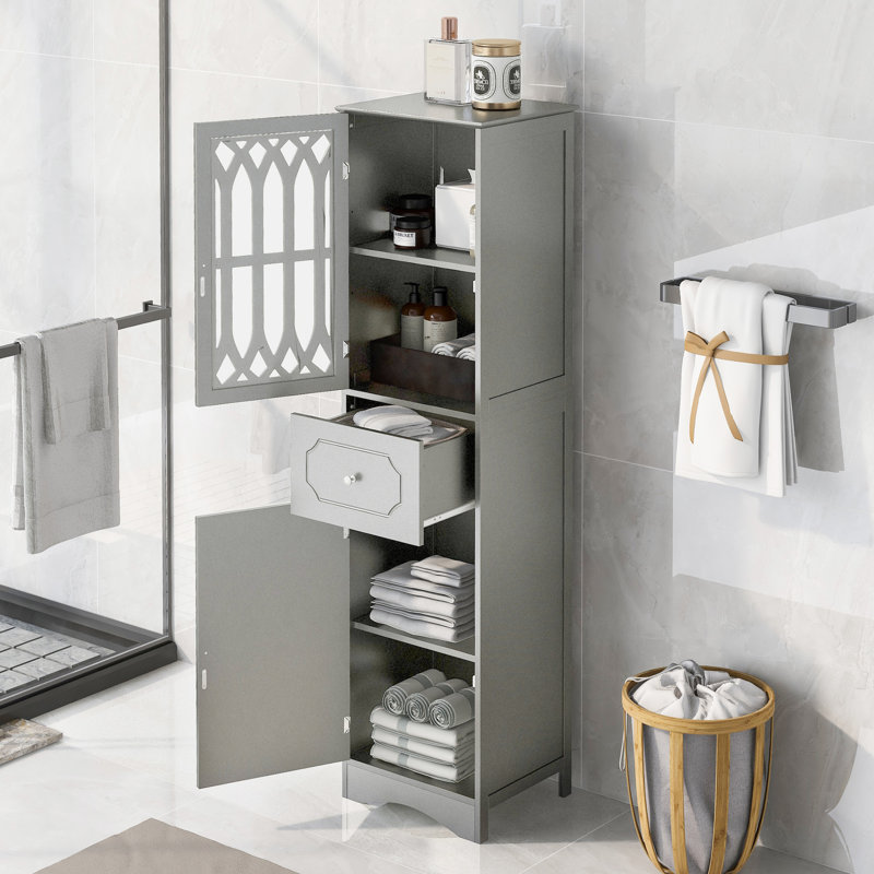 Tall Board Bathroom Wardrobe - Grey With Drawer, Doors, And Adjustable Shelf Cabinet In Doors Shelf, Drawer For Freestanding