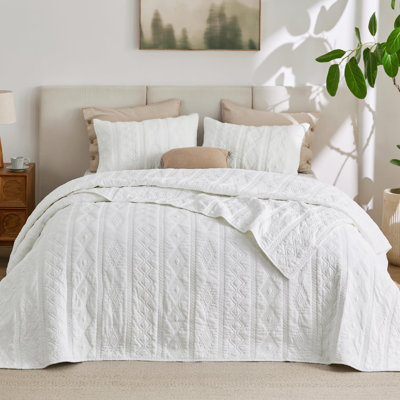 Ensemble de courtepointe 100% coton Litsure - Couvre-lit très grand, couvre-lit léger et moelleux, ensemble de courtepointe 3 pièces à coutures douillettes avec 2 taies décoratives à motif géométrique toutes saisons, 106 x 96 pouces, blanc