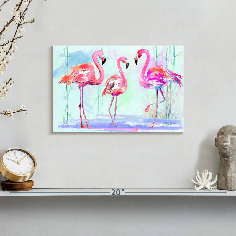 Trio flamant rose Brampt sur fond bleu, H 8 po x l 12 po