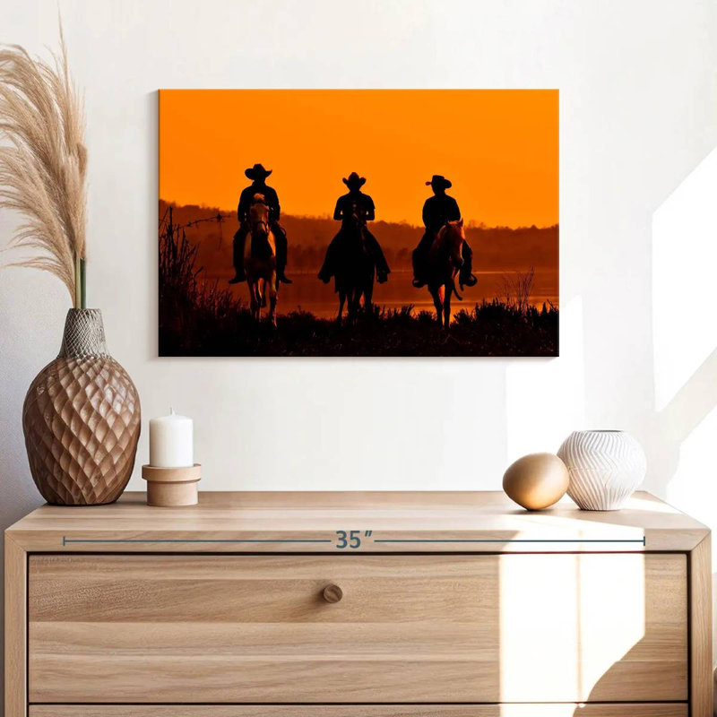 Cowboys au coucher du soleil, H 16 po x l 24 po