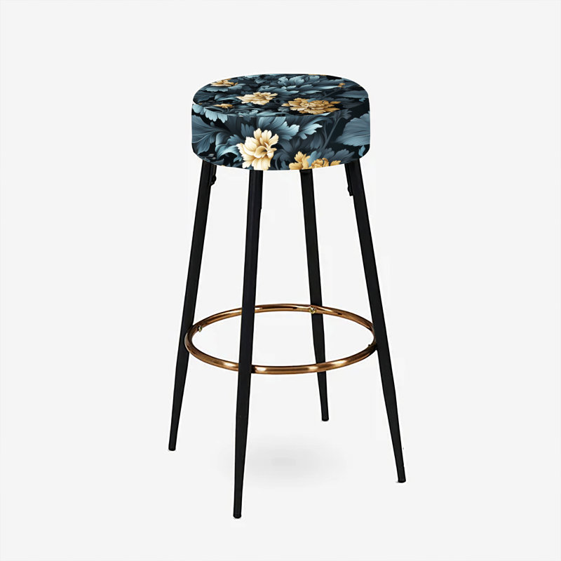 Ensemble de 2 tabourets de bar damassés à fleurs bleu foncé