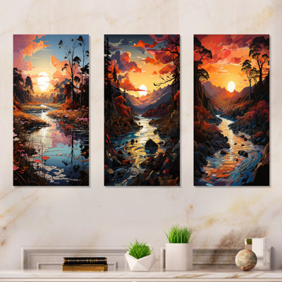 Rivers Sunrise Enchantment - Lake River Metal Prints Set Of 3